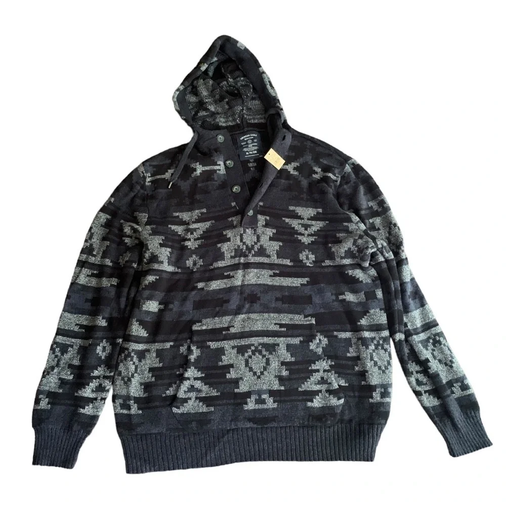 American Eagle Mens Nordic Fair Isle Navy Cotton Hooded Sweater Sz XL